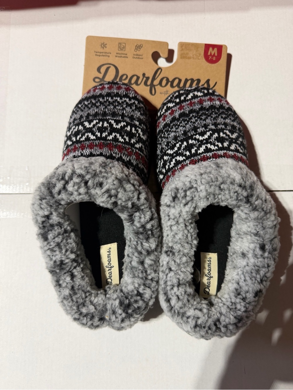 dearfoams Gray Knit Slippers with Black and Red Fair Isle